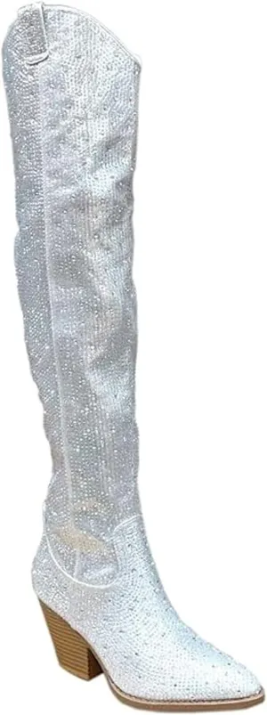 Forever Link Women Western Cowgirl Cowboy Pointed Toe Rhinestone Over the Knee Boots