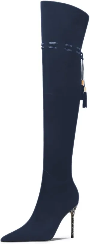 FOWT Women Fashion Pointed Toe Shiny Thin High Heel Over The Knee Boots Side Zipper Ladies Winter Warm Elegant Long Boots Size 4-16 US