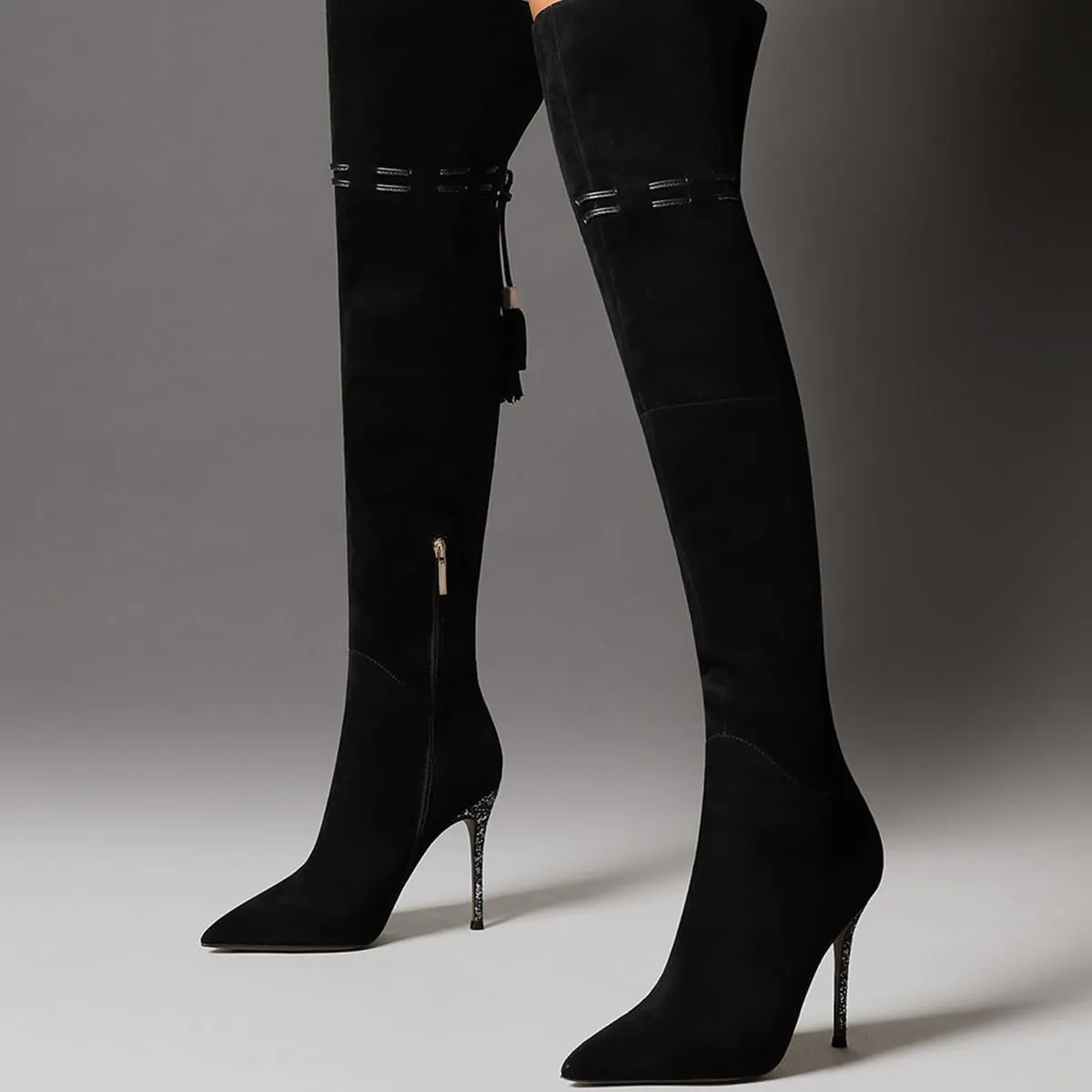 FOWT Women Fashion Pointed Toe Shiny Thin High Heel Over The Knee Boots Side Zipper Ladies Winter Warm Elegant Long Boots Size 4-16 US