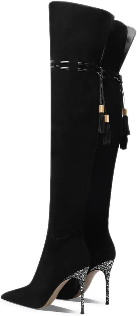 FOWT Women Fashion Pointed Toe Shiny Thin High Heel Over The Knee Boots Side Zipper Ladies Winter Warm Elegant Long Boots Size 4-16 US