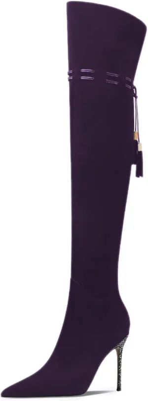 FOWT Women Fashion Pointed Toe Shiny Thin High Heel Over The Knee Boots Side Zipper Ladies Winter Warm Elegant Long Boots Size 4-16 US