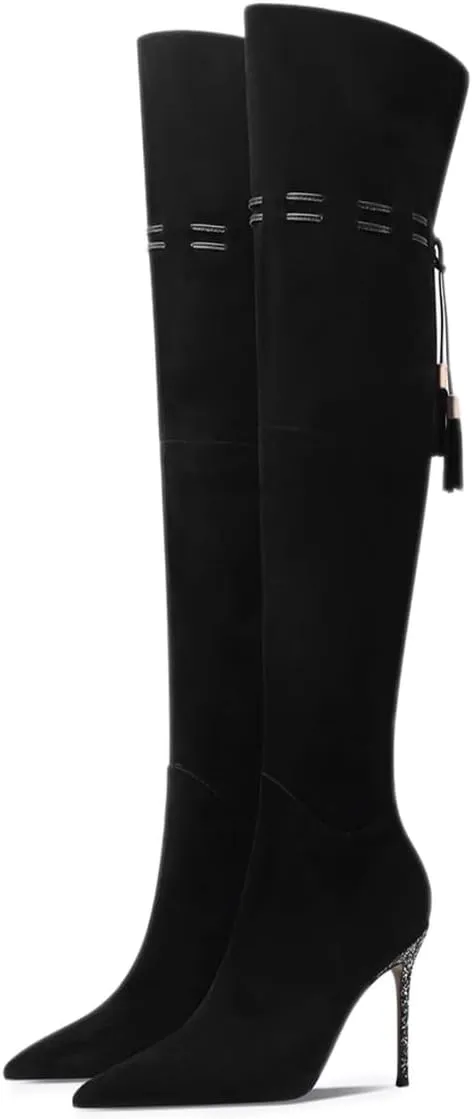 FOWT Women Fashion Pointed Toe Shiny Thin High Heel Over The Knee Boots Side Zipper Ladies Winter Warm Elegant Long Boots Size 4-16 US