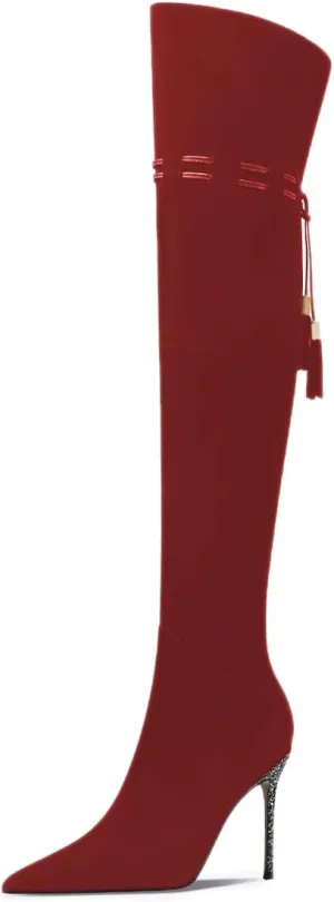 FOWT Women Fashion Pointed Toe Shiny Thin High Heel Over The Knee Boots Side Zipper Ladies Winter Warm Elegant Long Boots Size 4-16 US