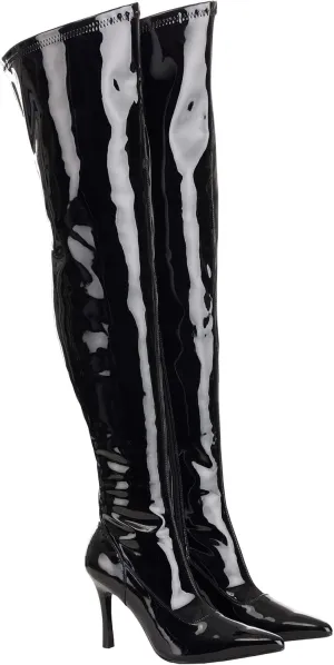 Fun Costumes Women's Thigh High Black Patent 5" Stiletto High Heel Boot, Shiny Faux Leather, Zipper Closure Size 8