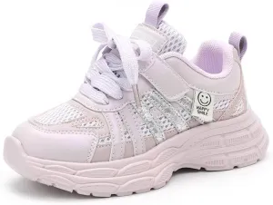 Girls Pink Sneakers with Glitter Accents and Hook-and-Loop Strap - Breathable Mesh Kids Running Shoes with Cushioned Sole for School & Everyday Wear