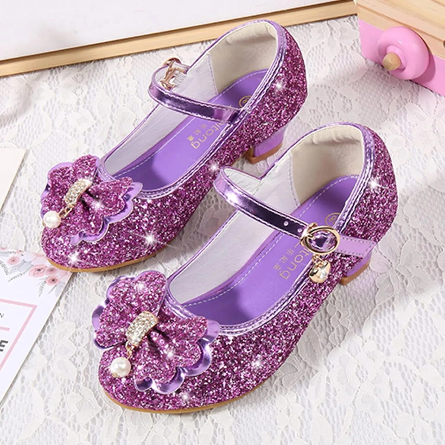 Kid Girls Glittler Mary Jane Shoes Party Dance Shoes Little Kid Big Kid Low Heel Dress Shoes for Wedding (Purple, 11 Little Kid)