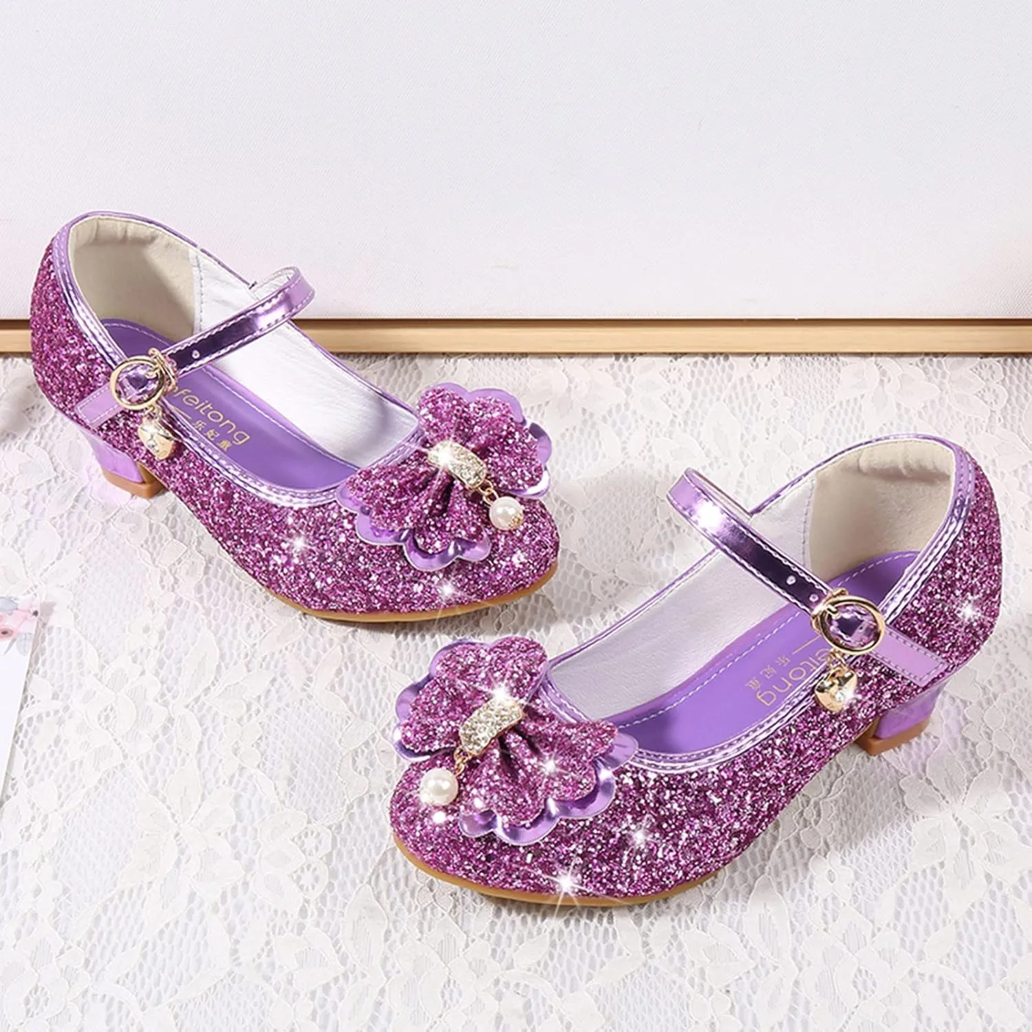 Kid Girls Glittler Mary Jane Shoes Party Dance Shoes Little Kid Big Kid Low Heel Dress Shoes for Wedding (Purple, 11 Little Kid)