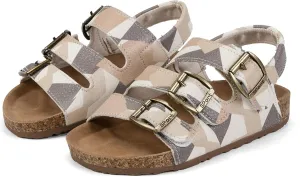 Kids Cork Footbed Sandals, Camo Print Design, Adjustable Buckle Straps, Beige and Gray