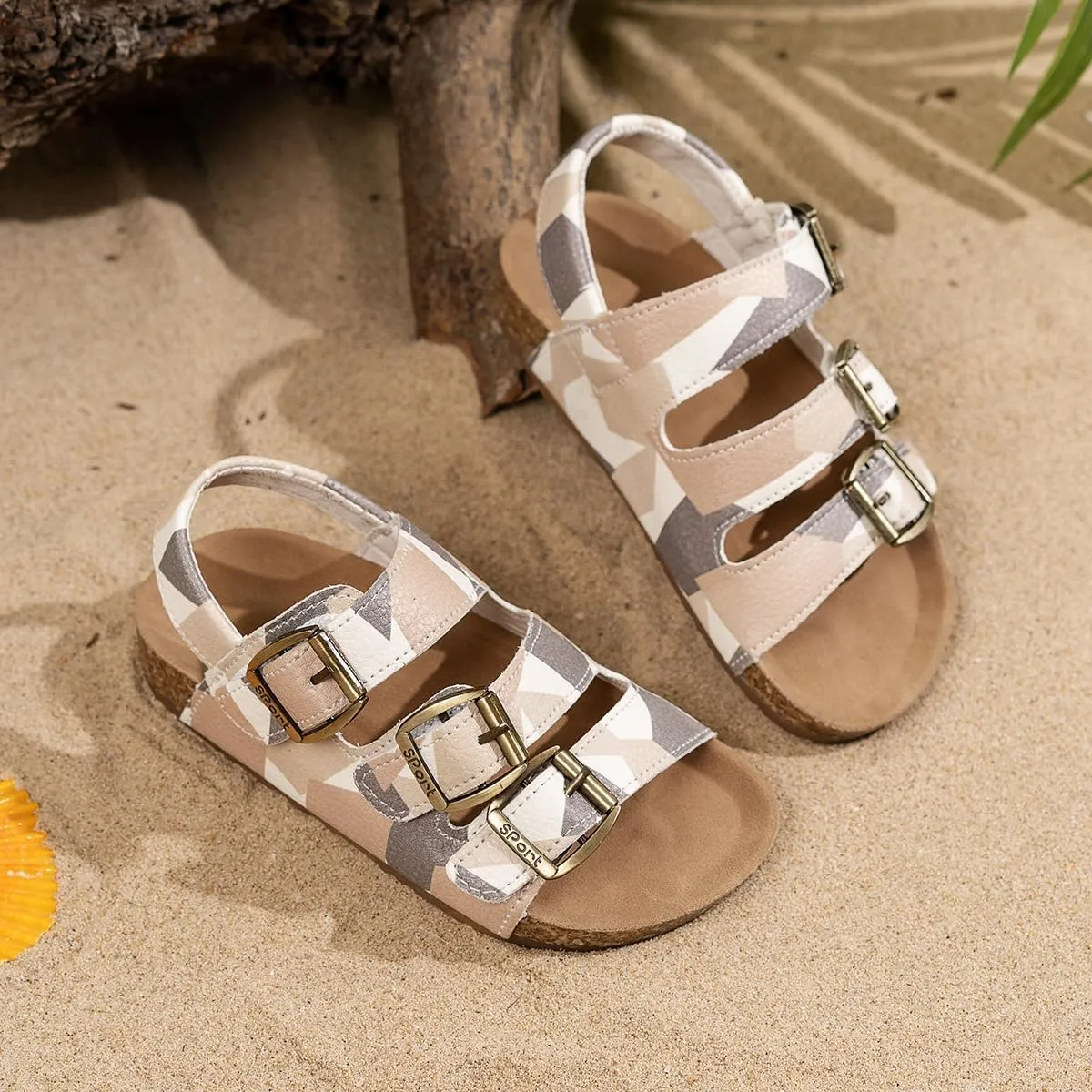 Kids Cork Footbed Sandals, Camo Print Design, Adjustable Buckle Straps, Beige and Gray