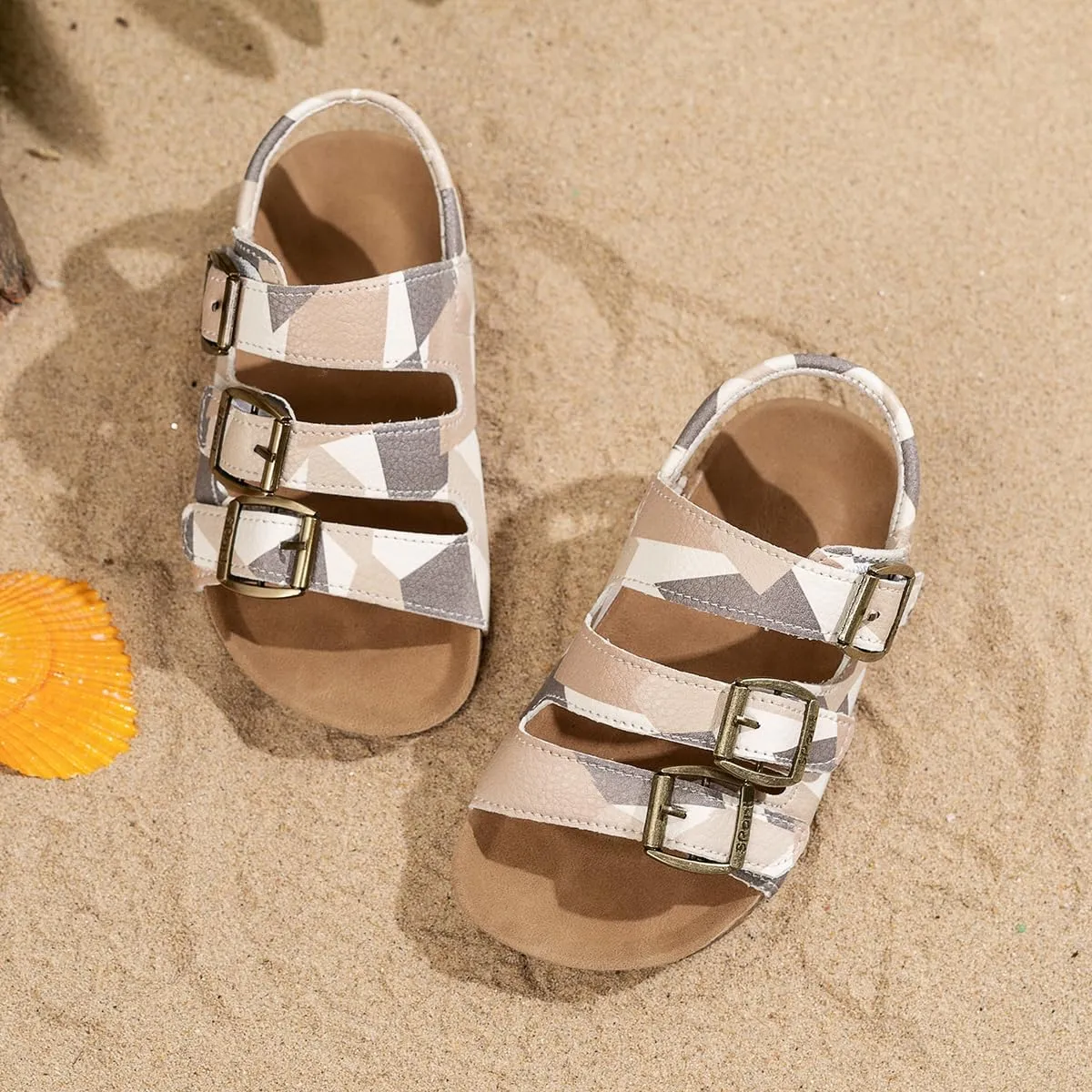 Kids Cork Footbed Sandals, Camo Print Design, Adjustable Buckle Straps, Beige and Gray