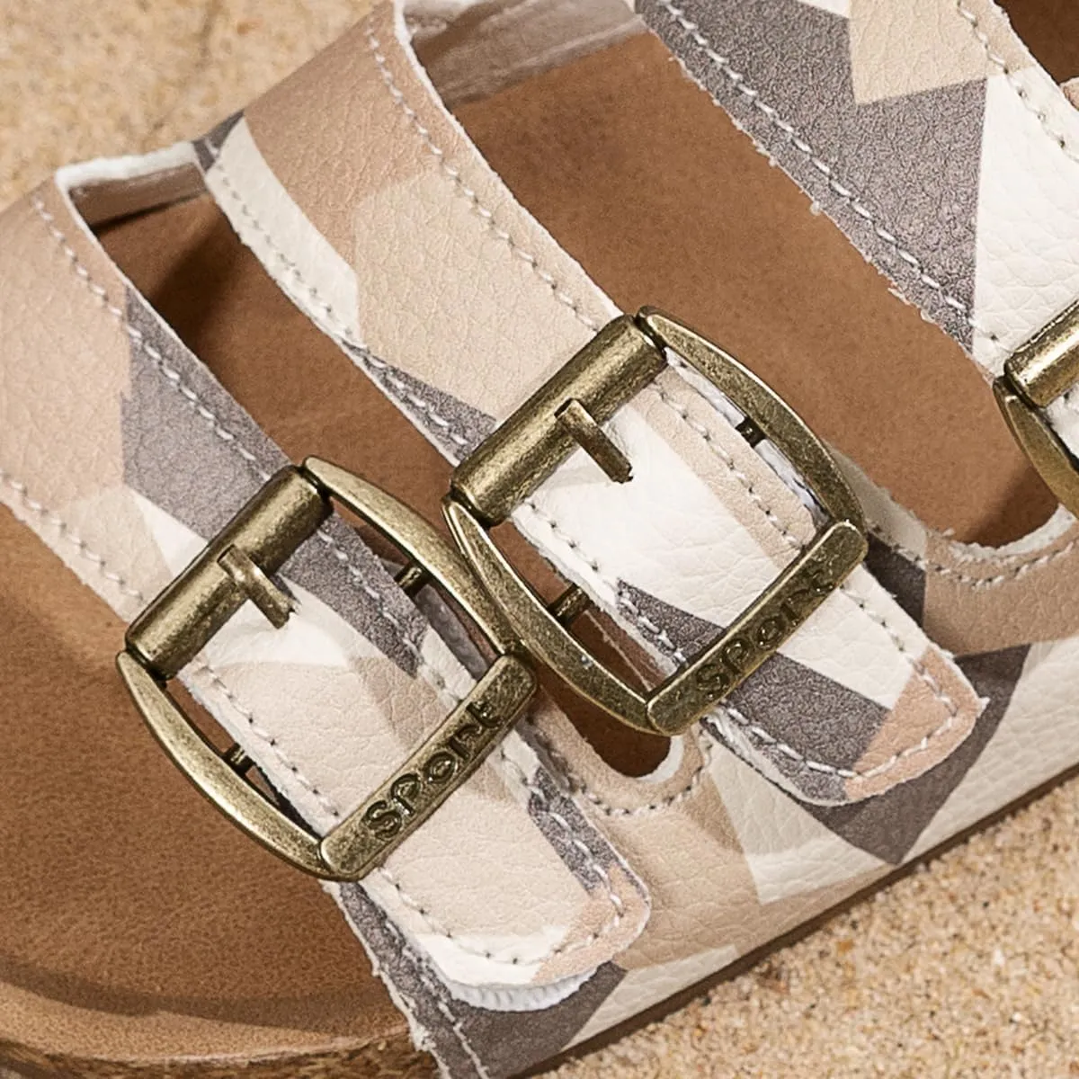 Kids Cork Footbed Sandals, Camo Print Design, Adjustable Buckle Straps, Beige and Gray