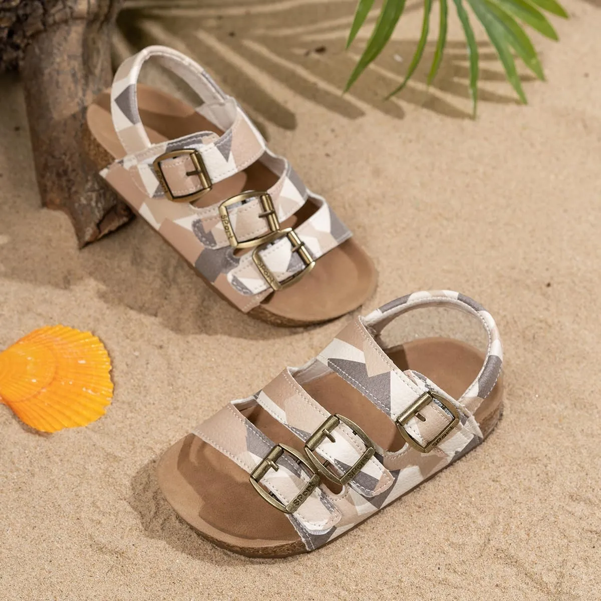 Kids Cork Footbed Sandals, Camo Print Design, Adjustable Buckle Straps, Beige and Gray