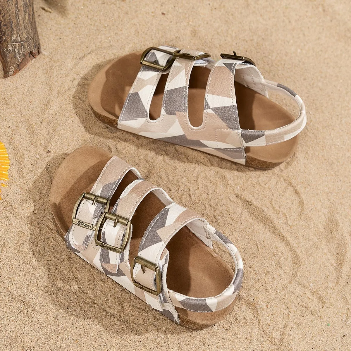 Kids Cork Footbed Sandals, Camo Print Design, Adjustable Buckle Straps, Beige and Gray