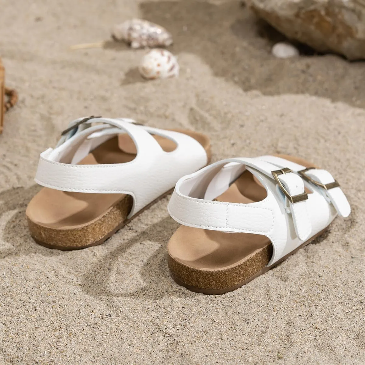 Kids Cork Footbed Sandals, Double Buckle Strap, White