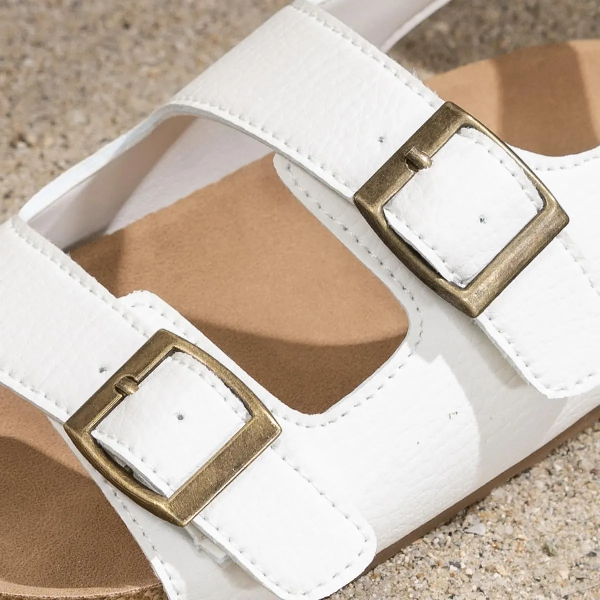 Kids Cork Footbed Sandals, Double Buckle Strap, White
