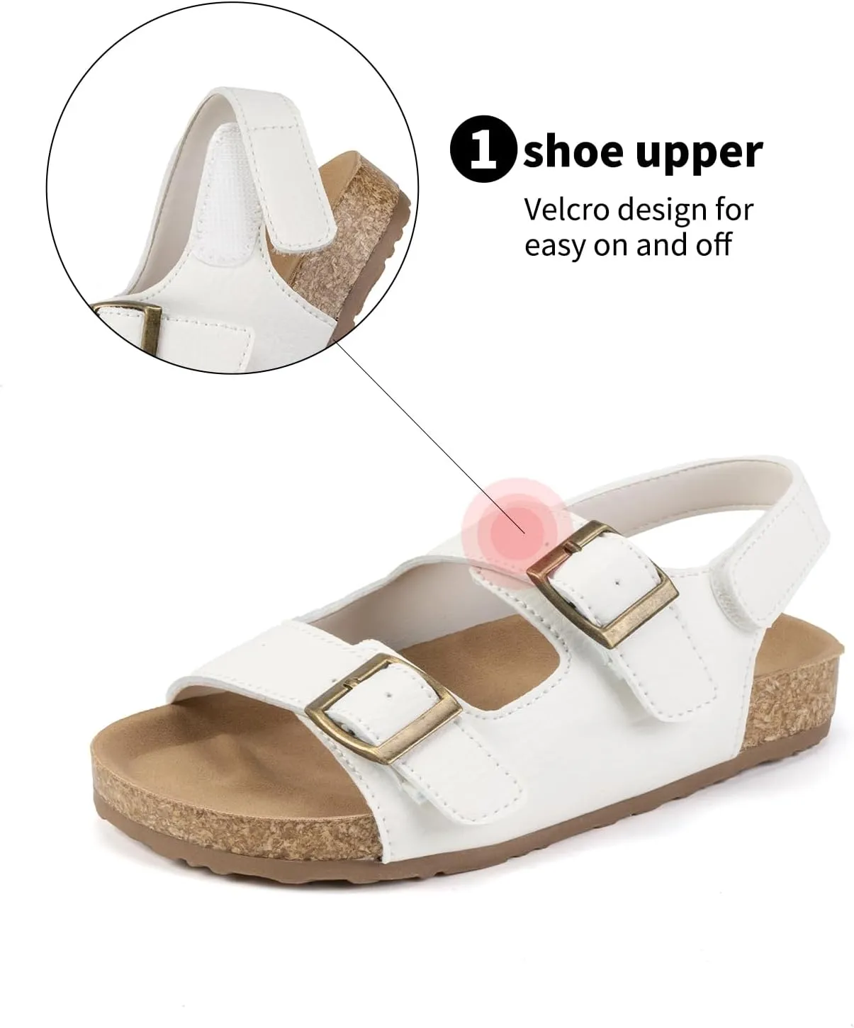 Kids Cork Footbed Sandals, Double Buckle Strap, White
