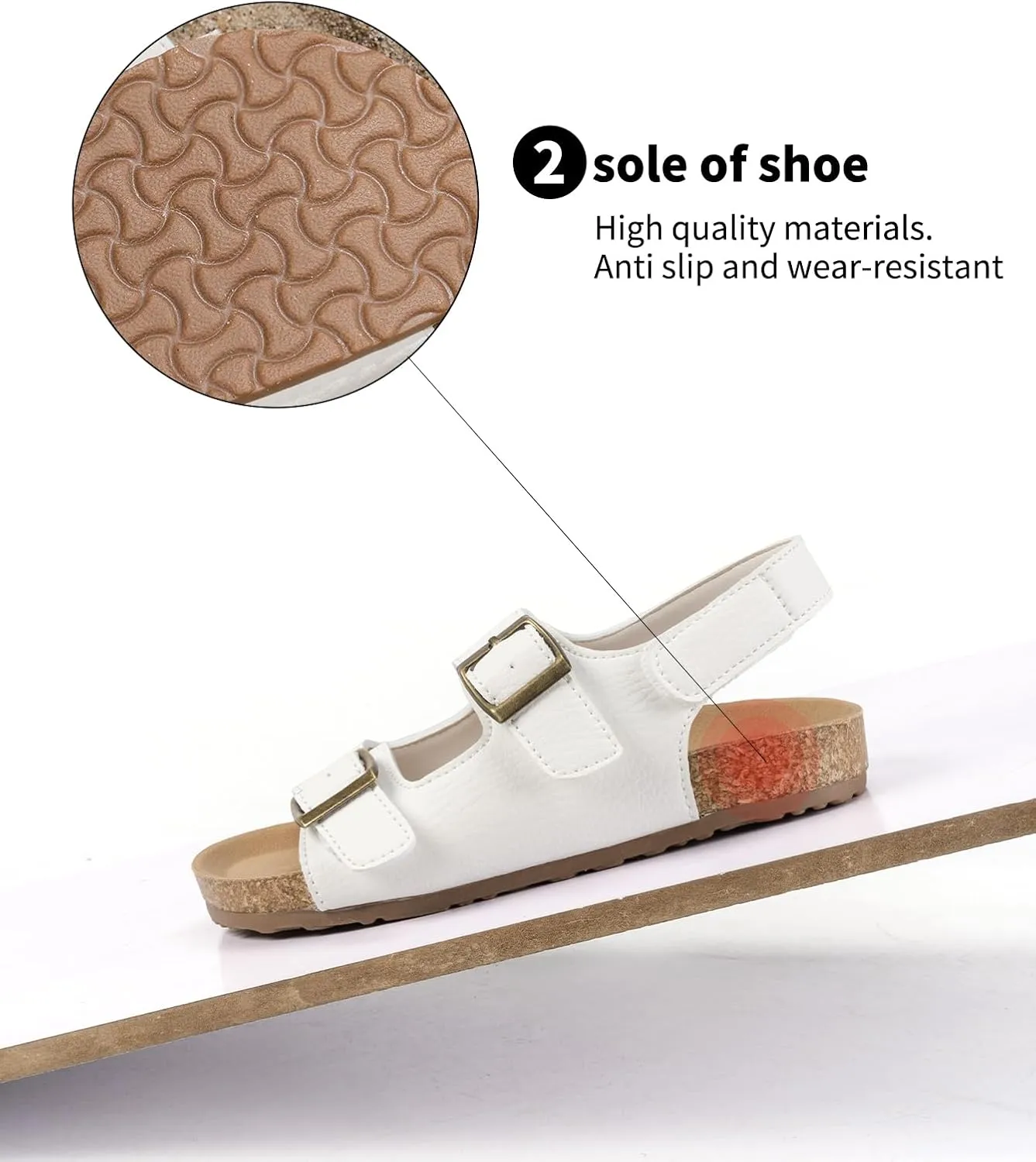 Kids Cork Footbed Sandals, Double Buckle Strap, White