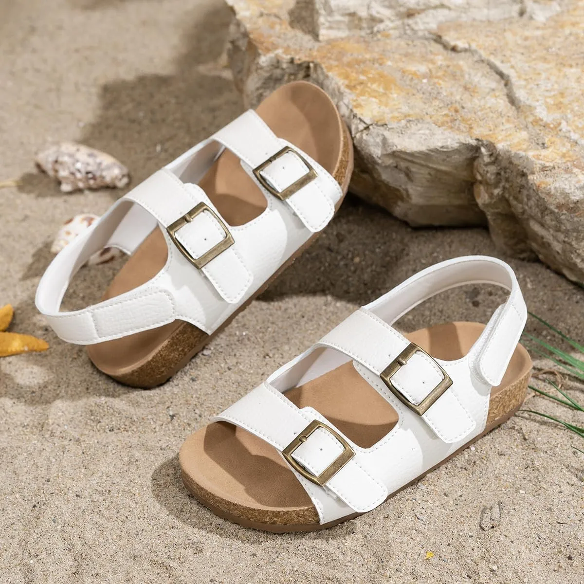 Kids Cork Footbed Sandals, Double Buckle Strap, White