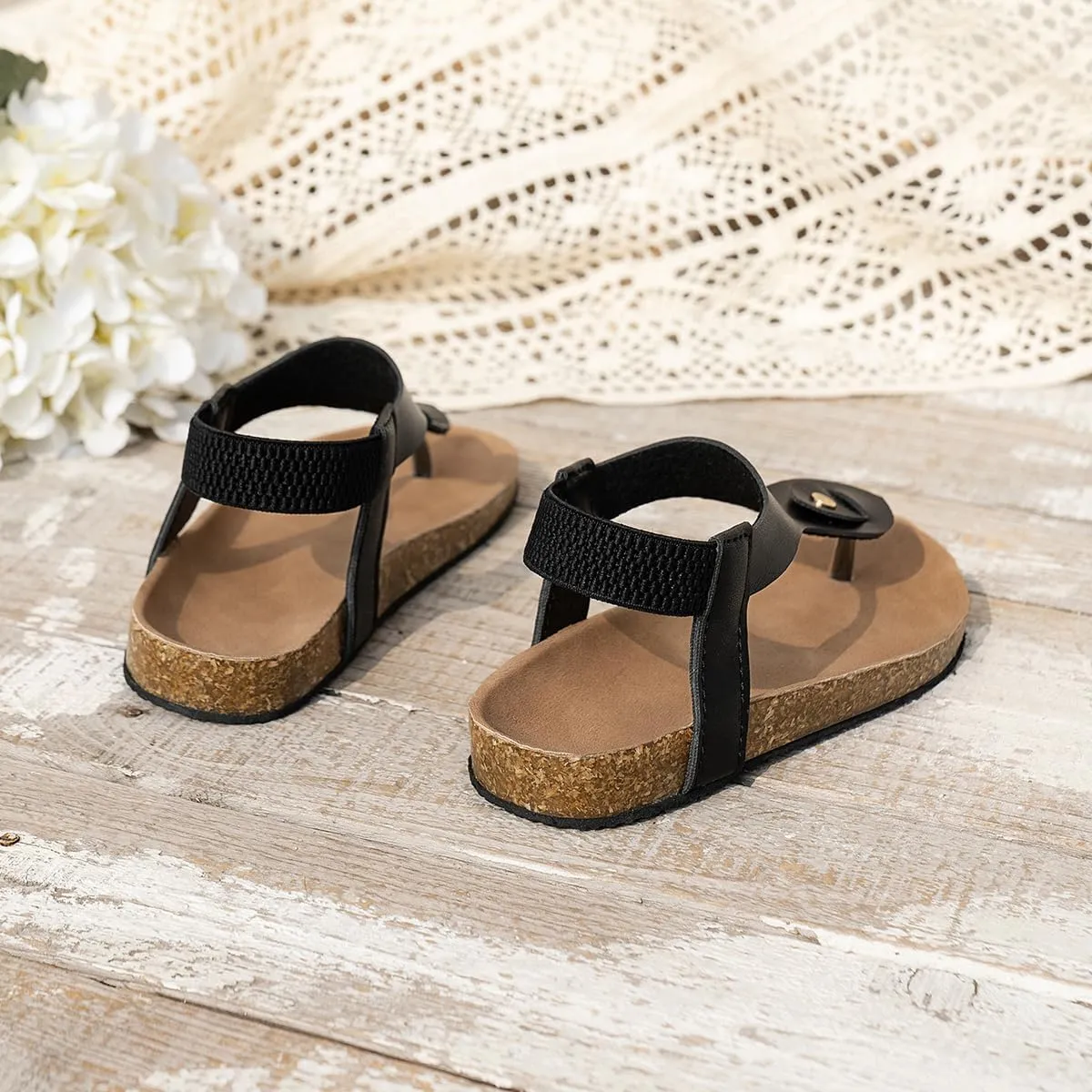 Kids Cork Footbed T-Strap Sandals, Black Leather, Elastic Back Strap