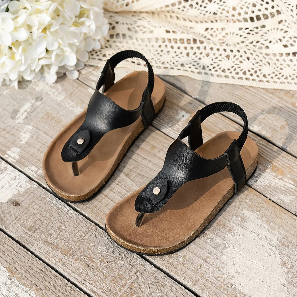 Kids Cork Footbed T-Strap Sandals, Black Leather, Elastic Back Strap