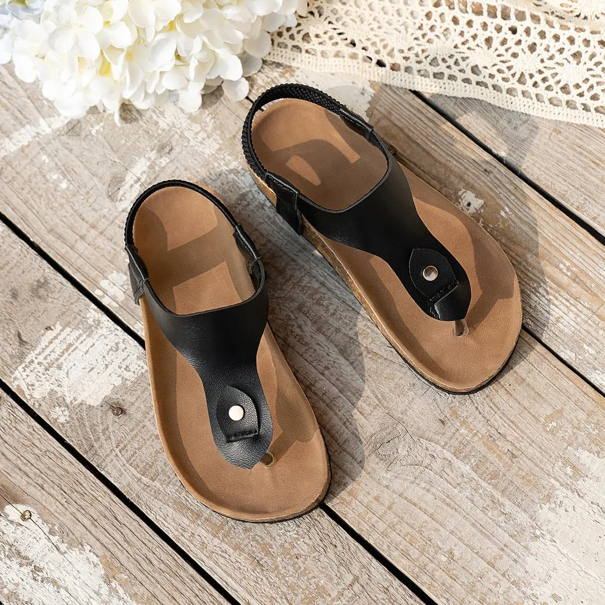 Kids Cork Footbed T-Strap Sandals, Black Leather, Elastic Back Strap