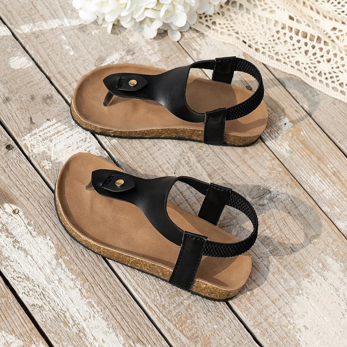 Kids Cork Footbed T-Strap Sandals, Black Leather, Elastic Back Strap