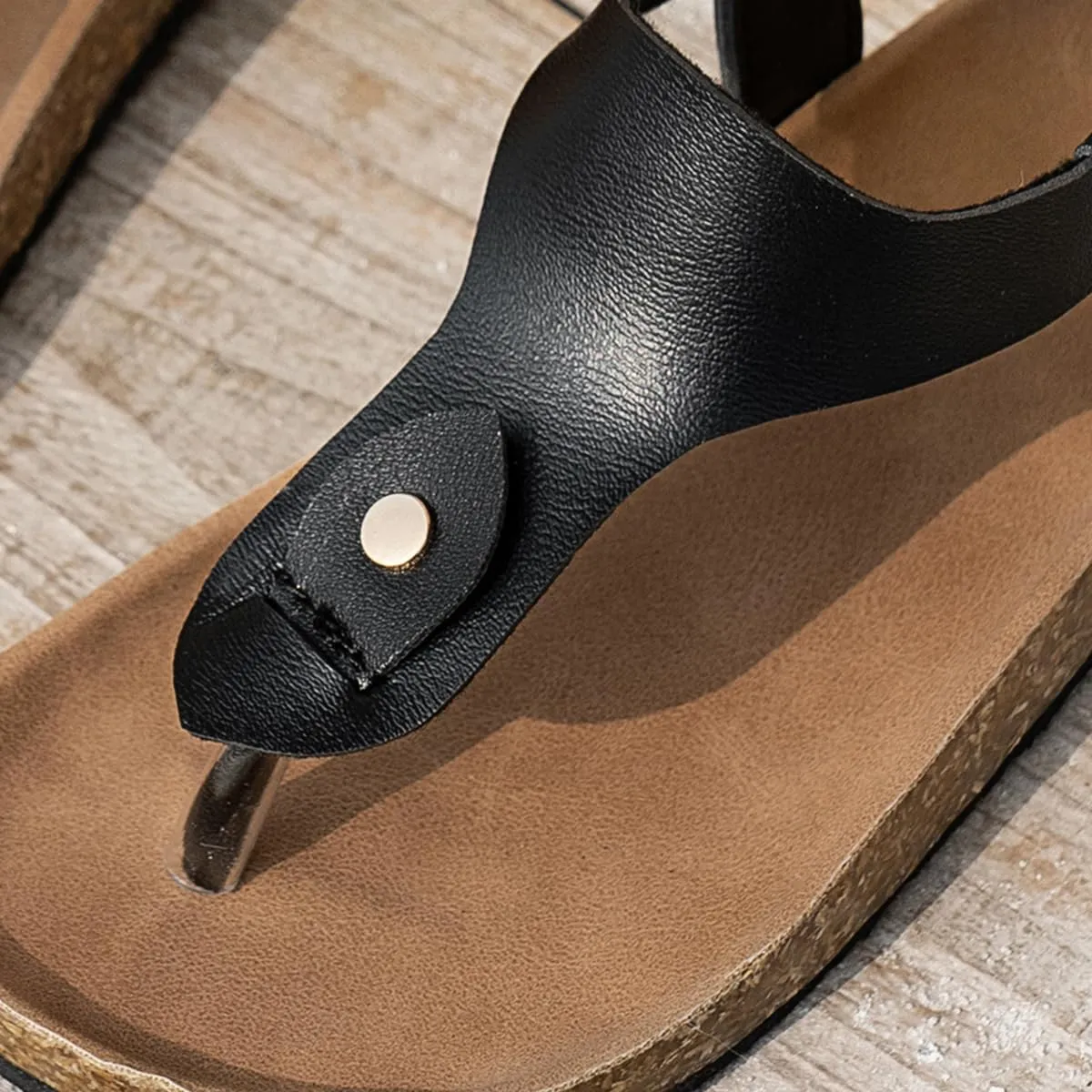 Kids Cork Footbed T-Strap Sandals, Black Leather, Elastic Back Strap