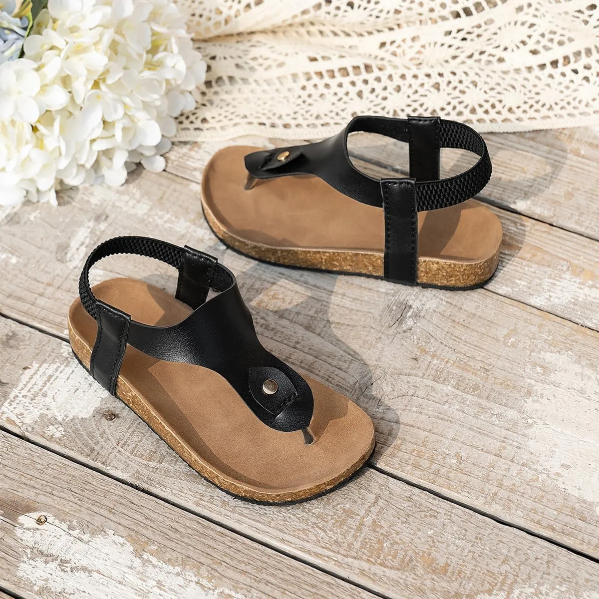 Kids Cork Footbed T-Strap Sandals, Black Leather, Elastic Back Strap