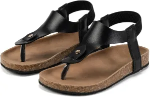 Kids Cork Footbed T-Strap Sandals, Black Leather, Elastic Back Strap