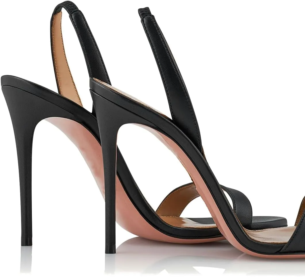 LEHOOR Women Slingback Stiletto Heels Dress Sandals Backless Strappy Heeled Sandal Round Open Toe Formal Sandals 4 Inch High Heel Elastic Ankle Strap Classy Evening Sandals for Wedding Party 4-11 M US