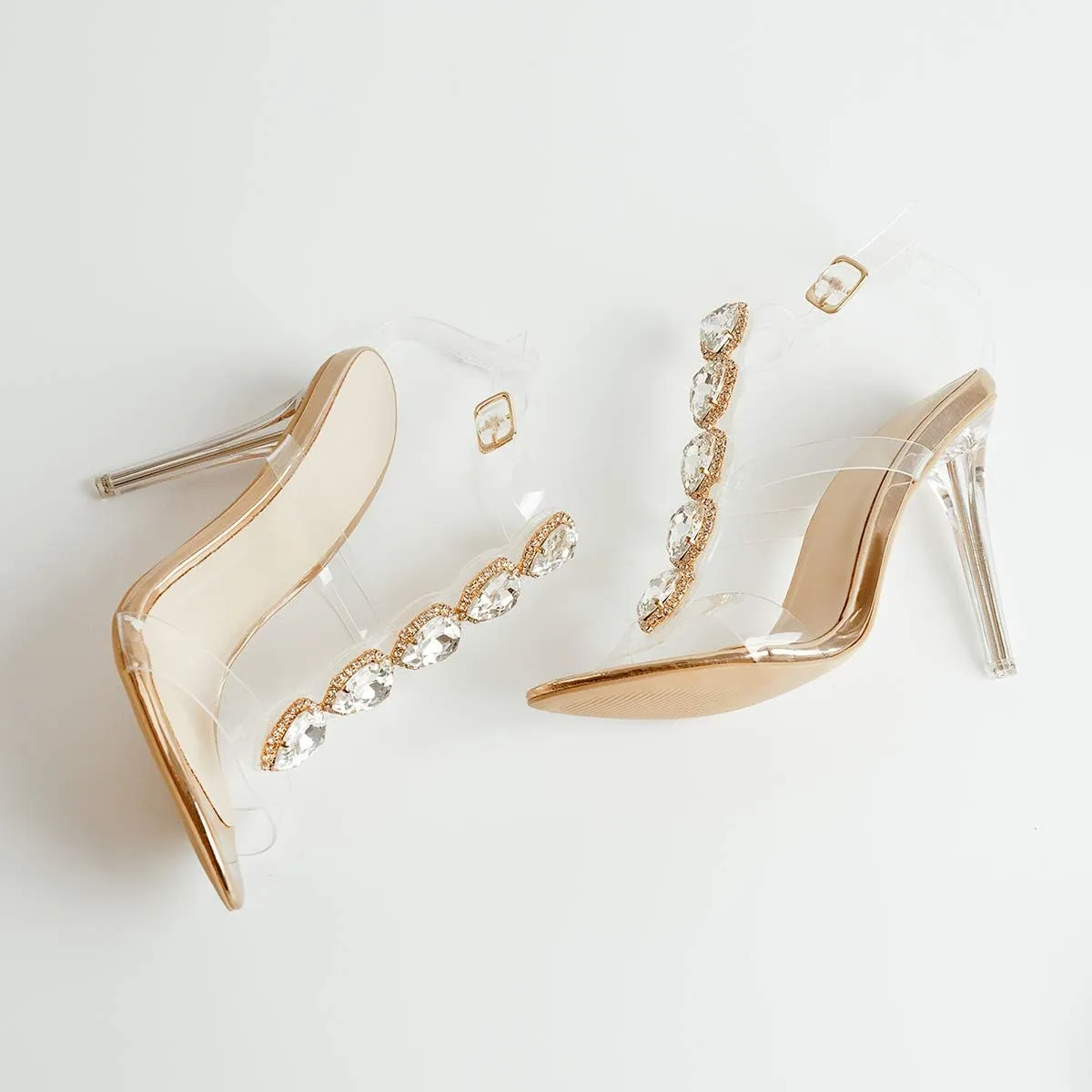 LISHAN Clear Rhinestone Heels for Women Gladiator Strappy Transparent Ankle Strap Crystal Sandals Open Toe Stiletto Heels