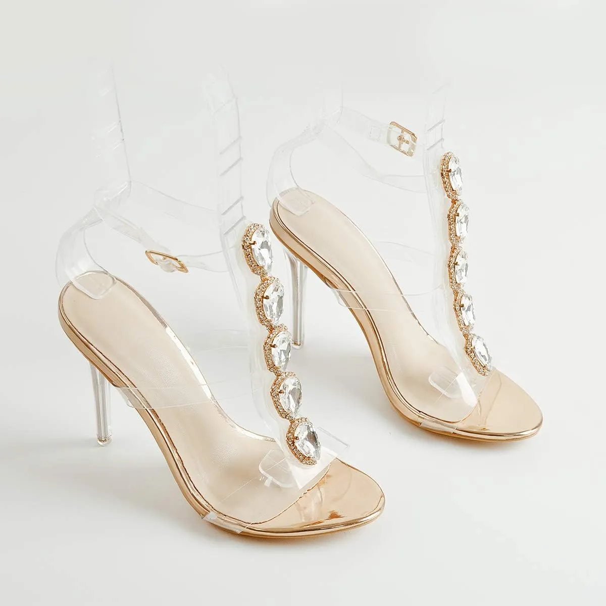 LISHAN Clear Rhinestone Heels for Women Gladiator Strappy Transparent Ankle Strap Crystal Sandals Open Toe Stiletto Heels