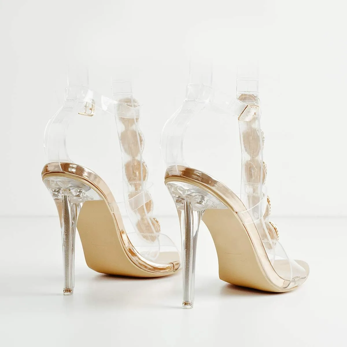 LISHAN Clear Rhinestone Heels for Women Gladiator Strappy Transparent Ankle Strap Crystal Sandals Open Toe Stiletto Heels