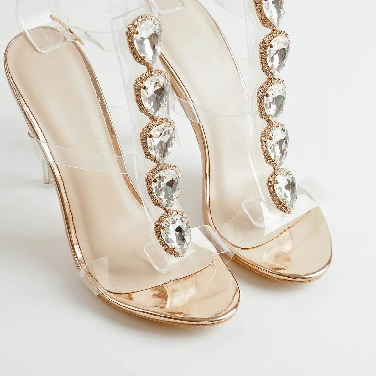 LISHAN Clear Rhinestone Heels for Women Gladiator Strappy Transparent Ankle Strap Crystal Sandals Open Toe Stiletto Heels