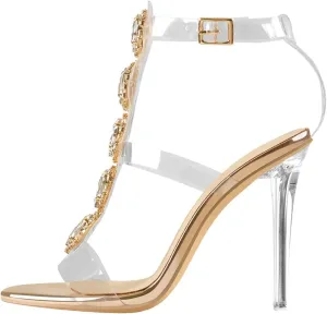 LISHAN Clear Rhinestone Heels for Women Gladiator Strappy Transparent Ankle Strap Crystal Sandals Open Toe Stiletto Heels