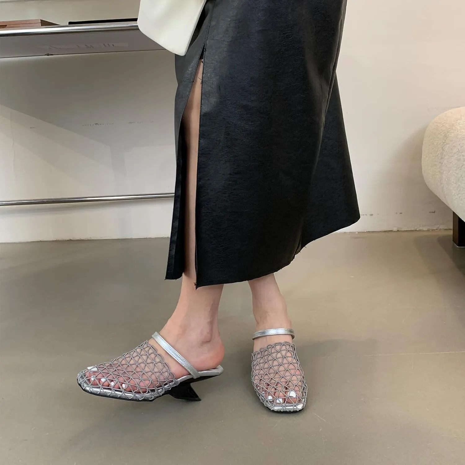 Low Heel Slingback Shoes For Women Closed Square Toe Hollow Mesh Short Heels Sandals Comfortable Summer Slip-on Casual Dress Shoes