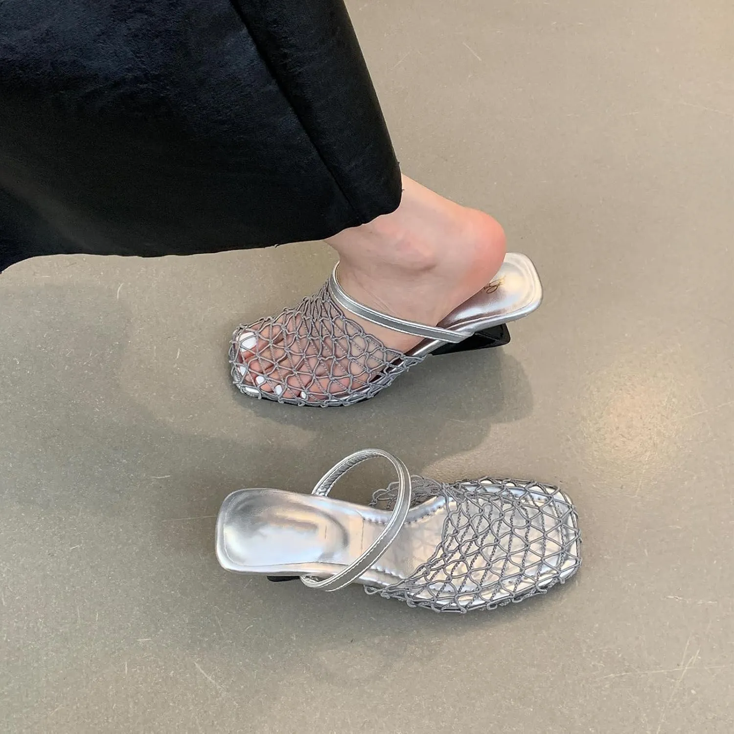 Low Heel Slingback Shoes For Women Closed Square Toe Hollow Mesh Short Heels Sandals Comfortable Summer Slip-on Casual Dress Shoes