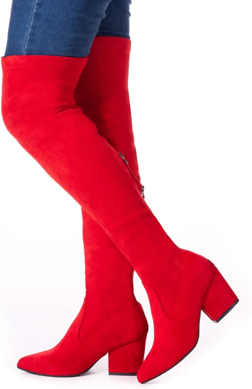 Mtzyoa Thigh High Block Heel Boot Women Pointed Toe Stretch Over The Knee Boots