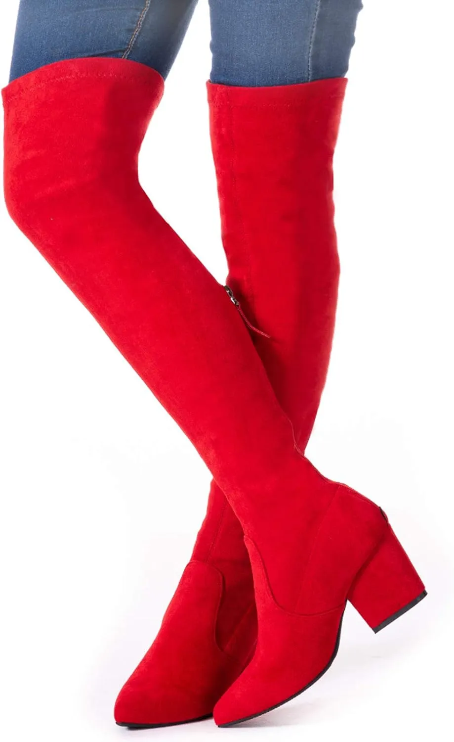 Mtzyoa Thigh High Block Heel Boot Women Pointed Toe Stretch Over The Knee Boots