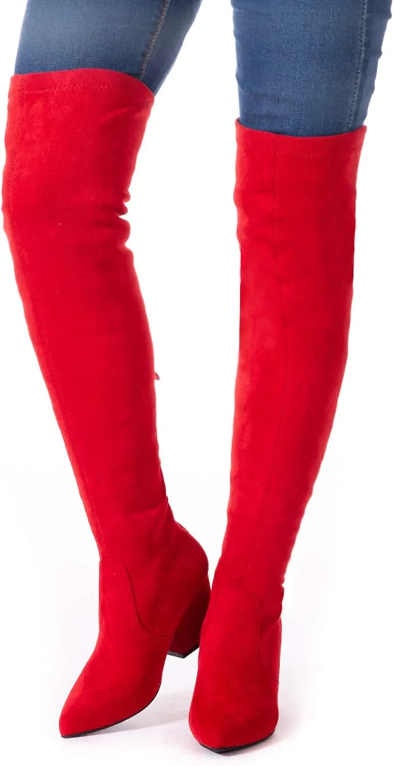 Mtzyoa Thigh High Block Heel Boot Women Pointed Toe Stretch Over The Knee Boots