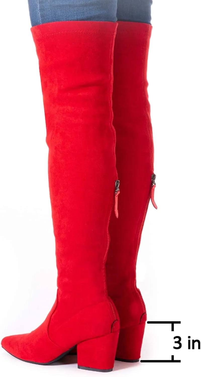 Mtzyoa Thigh High Block Heel Boot Women Pointed Toe Stretch Over The Knee Boots
