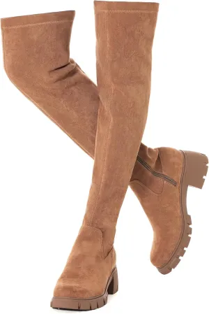 N.N.G Women Over the Knee Boots Low Heel Winter Block Suede Thigh High Chunky OTK Long Comfort
