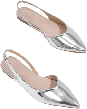 OYOANGLE Women's Metallic Leather Pointed Toe Slingback Flat Sandals Y2K Comfortable Dressy Casual Shoes