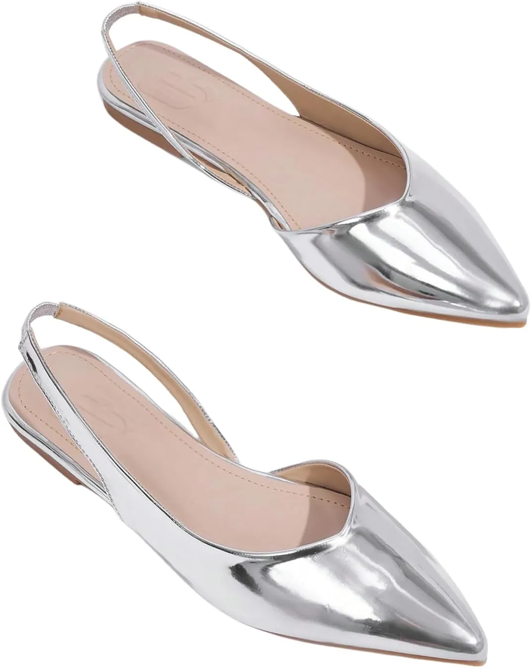 OYOANGLE Women's Metallic Leather Pointed Toe Slingback Flat Sandals Y2K Comfortable Dressy Casual Shoes