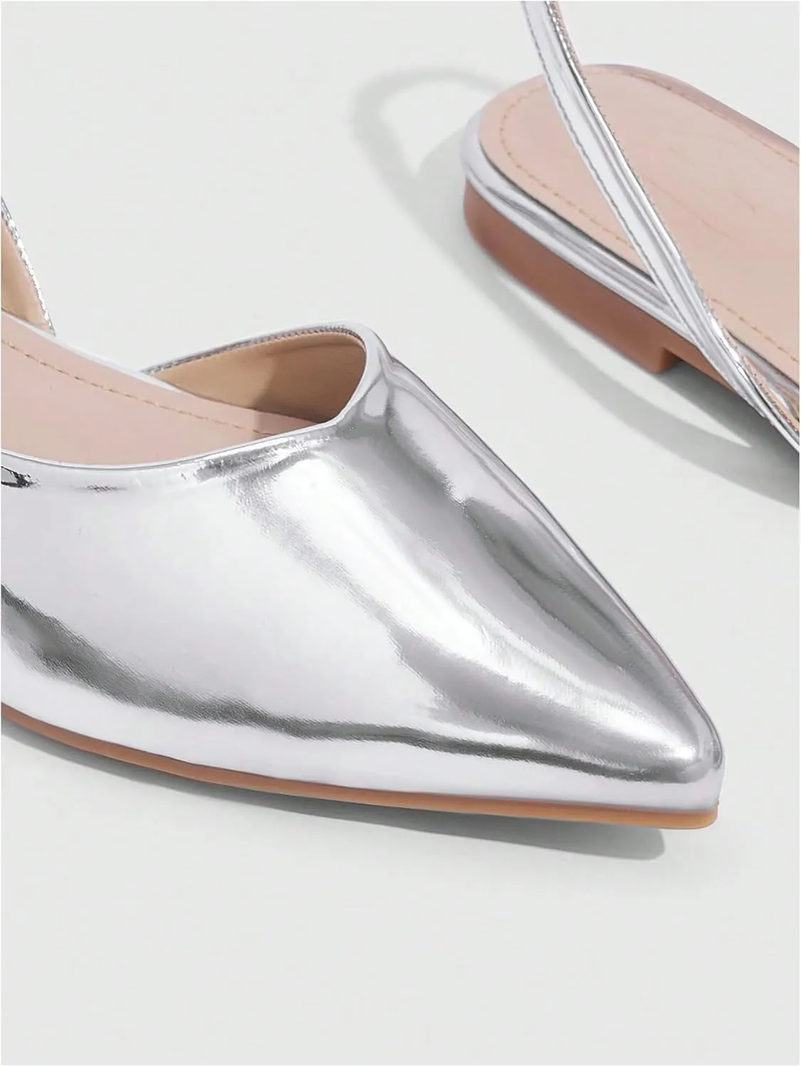 OYOANGLE Women's Metallic Leather Pointed Toe Slingback Flat Sandals Y2K Comfortable Dressy Casual Shoes