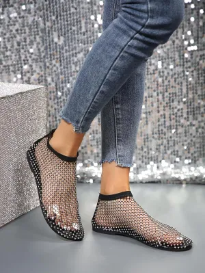 Shiny Gem Mesh Flats Shiny Stylish Flats Round Toe Sandals Cutout Sparkly Rhinestone Short Boots Comfortable Beach Casual Dress Flats (Black,7)