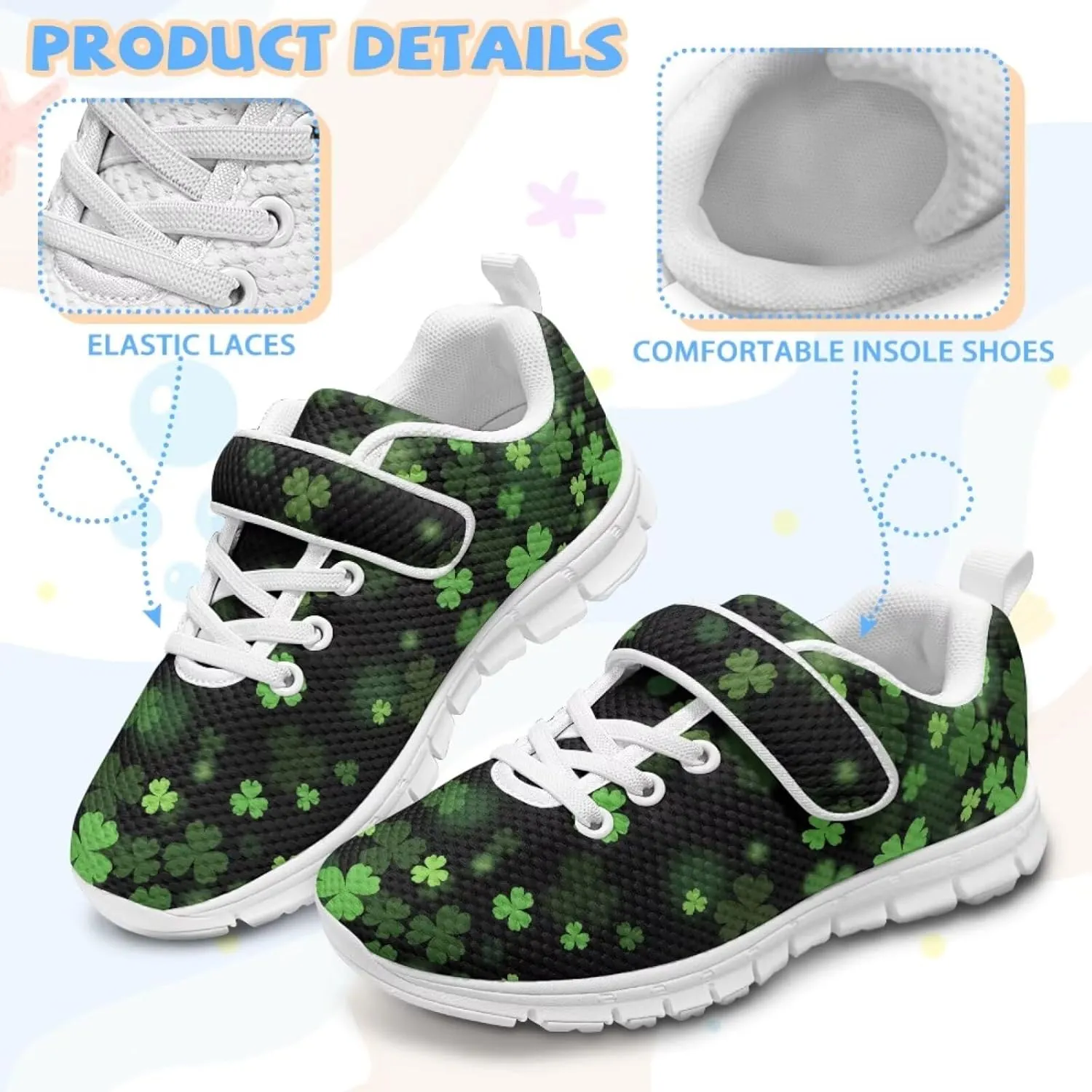 St Patrick's Day Running Shoes Plants Pattern Boys Girls Sneakers with Single Buckle Soft Lightweight Footwear for Play Casual and Everyday Use