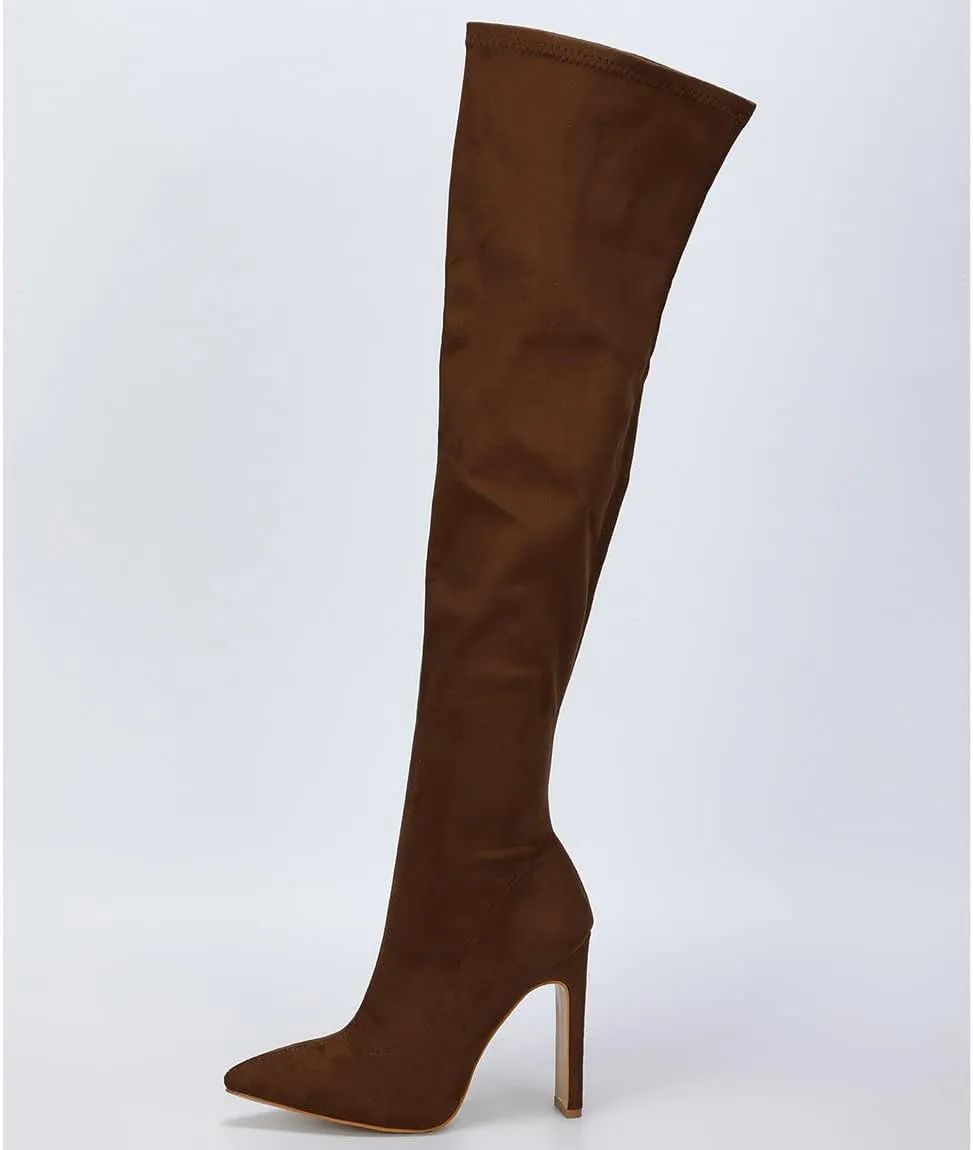 Trendenzy Womens Chunky Heel Pointed Toe Thigh High Over The Knee Boots