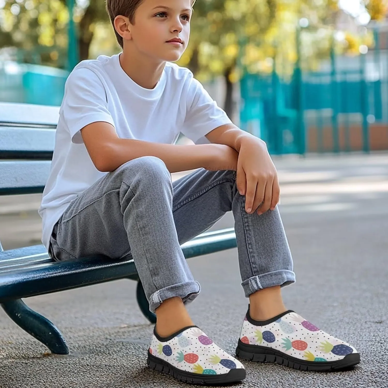 Tropical Pineapple Kids Running Shoes Low-Cut Polyester Fabric Sneakers for Boys and Girls Casual Tennis Shoes Breathable Laceless Wide Shoes