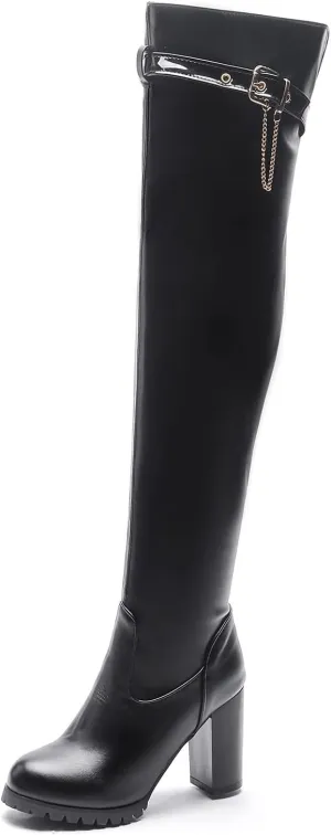 VULTRO Women's Over The Knee Boots High Heels Round Toe Side Zipper PU Leather Thigh High Boot